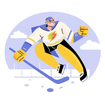 A superhero-themed hockey goalie wearing a colorful mask with a lightning bolt design is soaring through the sky. The goalie is in a dynamic pose, with one arm extended forward and the other holding a hockey stick. A bright blue cape billows behind them, and their uniform features bold patterns and vibrant colors. Below, an ice rink is visible, adding context to the scene. Fluffy white clouds surround the goalie, emphasizing the action as they fly through the air.