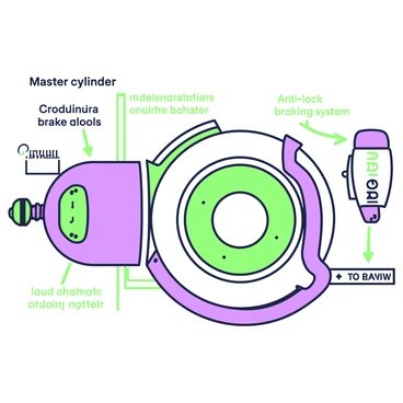 A detailed diagram of a bus brake system is displayed. The central part of the diagram features a large circular brake disc, which is connected to the wheel hub. Attached to the brake disc are two brake calipers, each with a label, positioned at the top and bottom. Surrounding the brake disc are rubber brake hoses labeled for clarity. A master cylinder is shown on the left side of the diagram, with arrows indicating the flow of brake fluid towards the calipers. A vacuum booster is positioned near the master cylinder, labeled for its function. Additional labeled components include the brake pedal, which connects to the master cylinder, and the anti-lock braking system, which is illustrated with a box and labeled lines leading to the wheels. The entire system is organized with clear labels and lines to indicate connections between the parts.