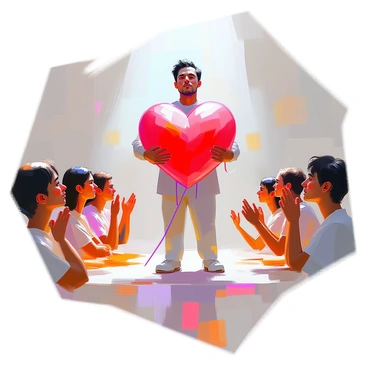 A character stands center stage, holding a large, vibrant red heart, which is tethered to strings that stretch outward. The character has a mix of emotions on their face, reflecting a sense of responsibility and compassion. Around them, a diverse audience is visible, with tears in their eyes, expressing various reactions of sorrow and empathy. The audience members are depicted in a range of poses, some with hands covering their faces, others reaching out towards the character, and a few with expressions of deep contemplation. The setting is an emotional gathering space, illuminated softly to enhance the feelings of connection and vulnerability.