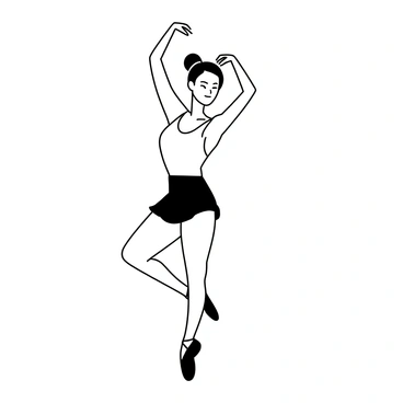 A ballet dancer is centered in the image, elegantly poised on one foot. She is wearing a fitted tutu and ballet slippers, showcasing her toned legs and graceful form. Her arms are elegantly positioned above her head, with one arm curved outward. The expression on her face conveys focus and determination as she prepares to leap. Her hair is styled in a tight bun, emphasizing her strong neck and facial features. The background is minimal, ensuring the dancer remains the focal point of the scene.