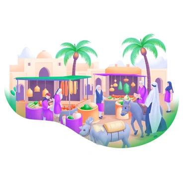 A vibrant illustration depicting a bustling marketplace in ancient times. The scene features numerous merchants selling their goods, including colorful fabrics, pottery, and fresh produce. Stalls are adorned with hanging fruits and vegetables, while customers barter and interact with the sellers. In the background, there are ancient buildings and palm trees providing shade. People dressed in traditional clothing are engaged in lively conversations, creating a dynamic atmosphere. A donkey carries a load of supplies nearby, adding to the authenticity of the scene.