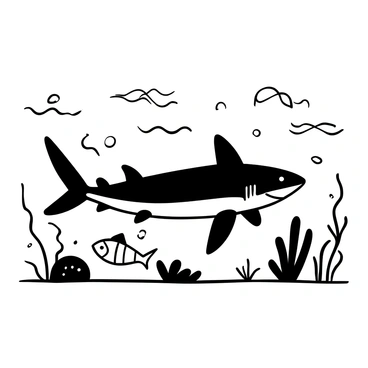 A remora fish is attached to the belly of a large shark gliding through the water. The shark is depicted with its sleek body and prominent fin cutting through the ocean. Surrounding them are waves created by the movement of the shark. Various underwater elements, such as seaweed and small fish, can be seen in the background, illustrating the ocean environment. The scene is captured in a black-and-white illustration style.