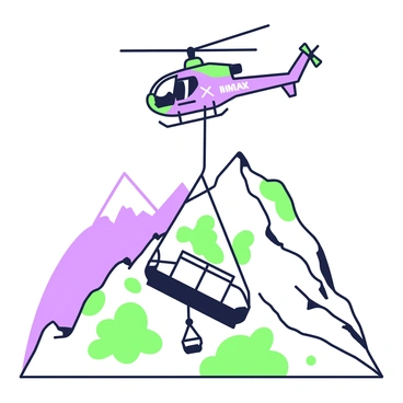 A KMAX helicopter is hovering above a mountain peak, preparing to lift a large piece of construction equipment. The helicopter is equipped with dual rotors, showcasing its unique design. Below, the construction equipment, which includes a large crane, is suspended by thick cables. The mountain peak is rocky and steep, with patches of green vegetation scattered around. In the background, other mountain ranges fade into the distance, creating a sense of altitude and rugged terrain. The helicopter's rotor blades are in motion, creating a dynamic scene as it carefully maneuvers the equipment.