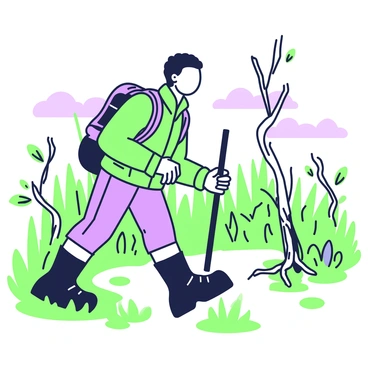 An adventurer is carefully navigating through a dense bog. The adventurer is wearing rugged outdoor clothing, including a green jacket and sturdy boots. In one hand, they hold a walking stick for support. The bog is filled with tall grasses and various wetland plants, some with broad leaves. In the background, a few twisted trees can be seen, their roots partially submerged in the water. Mist hovers above the ground, adding an element of mystery to the scene. The adventurer's expression shows focus and determination as they tread cautiously over uneven ground.