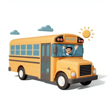 A friendly bus driver, wearing a blue uniform and a matching cap, is waving from the open window of a yellow school bus. The bus has large windows and a bright, cheerful exterior. The driver is smiling widely, showcasing a welcoming demeanor. The background hints at a sunny day with a clear blue sky. The vehicle is parked, and there are playful shadows cast on the ground, enhancing the lively atmosphere.