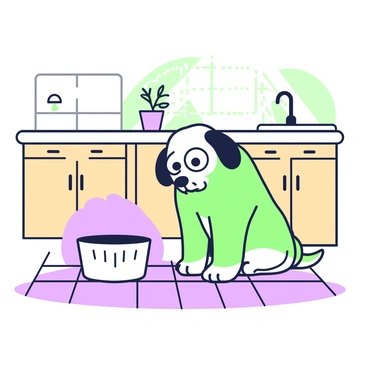 A sad dog staring at an empty food bowl in a quiet kitchen