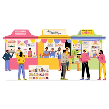 A lively festival scene filled with colorful booths displaying "free illustrations" and "cultural art" from various regions. Each booth is adorned with bright banners and decorative elements representing different cultures. People of diverse backgrounds are interacting, browsing artwork, and engaging in conversations. In the foreground, a small group is admiring a large mural depicting traditional patterns. The atmosphere is filled with excitement and creativity, as various art pieces are showcased on tables and hanging from the booths.
