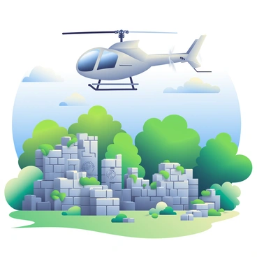 An R66 helicopter with a sleek, silver body is flying at a low altitude above a sprawling landscape. Below, ancient ruins are visible, with crumbling stone structures partially covered in green vines and moss. The ruins consist of several collapsed walls and pillars, showcasing intricate carvings. Surrounding the site is a dense forest with vibrant green foliage, contrasting against the muted tones of the ruins. The helicopter's rotor blades are spinning rapidly, creating a slight blur, and a clear blue sky is seen in the background, with a few white clouds scattered across.