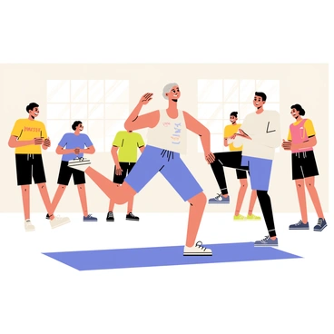 An elderly person with gray hair, wearing a bright blue workout outfit, is positioned on a soft exercise mat. They are in the process of performing donkey kicks, with one leg raised high while the other remains on the ground. Surrounding them are several other participants in a supportive exercise class, all engaged in similar activities. The atmosphere is lively and encouraging, with a cheerful instructor guiding the class from the front. Light streams in through the large windows, creating a bright and welcoming environment.