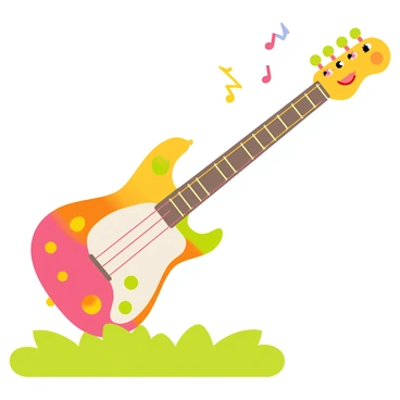 A cartoon-style electric guitar designed for children, featuring a vibrant rainbow-colored body with polka dots. The guitar has oversized, child-friendly proportions, with a short neck and large, easy-to-press frets. Brightly colored strings and whimsical, star-shaped knobs are included. The headstock is rounded with fun, animated eyes and a smiling mouth. The guitar is positioned on a grassy field, with colorful musical notes floating around it, adding to the playful atmosphere.