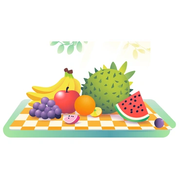 A group of assorted fruits is having a picnic on a bright checkered blanket spread across the grass. In the center, there is a large jackfruit with its spiky green exterior, surrounded by smaller fruits. A vibrant red apple sits next to a bunch of yellow bananas, which are curved gracefully. Nearby, a cluster of purple grapes is arranged beside an orange with textured skin. Watermelons, cut into triangular slices, are scattered around, showcasing their red flesh and black seeds. Some fruits are playfully positioned, as if they are interacting or having a conversation. Sunlight filters through the leaves above, casting dappled shadows on the scene.