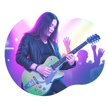 A digital portrait featuring a guitarist playing passionately on stage. The guitarist is depicted with long, flowing hair and a focused expression, wearing a black leather jacket. Bright stage lights illuminate the guitarist, casting vibrant colors that blend with shadows. The guitar is an electric model, with shiny chrome details, gripped firmly in the guitarist’s hands. In the background, blurred silhouettes of cheering fans raise their hands, creating a lively atmosphere. The stage floor is visible, reflecting some of the colorful lights, adding to the dynamic scene.
