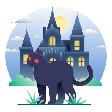 A black cat with bright red eyes is standing in the foreground. The cat has sleek fur and upright ears, and it is staring intently ahead. In the background, there is a large, imposing haunted mansion with tall spires and intricate architectural details. The windows of the mansion are glowing with an eerie light, casting an illuminated silhouette against the dark sky. Wispy clouds drift across the moon, adding to the haunting atmosphere of the scene. The grass in front of the mansion is overgrown, and a slight breeze rustles through it.