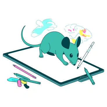 A teal mouse with oversized ears is standing on a large white drawing tablet, curiously inspecting the surface. Scattered around the tablet are various digital art tools, including a white stylus, a teal graphic pen, and a set of colorful markers. The mouse is delicately touching the tablet with one paw, while its other paw is raised as if it is pondering the best tool to use. In the background, there are faint outlines of digital sketches and vibrant colors hinting at the mouse's creative exploration.