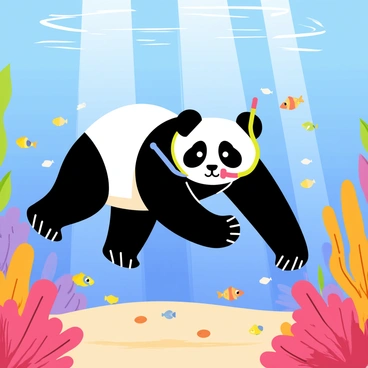 A panda bear wearing a colorful snorkel is swimming through a vibrant coral reef underwater. The coral reef is filled with various shapes and sizes of coral, including bright red, orange, and purple corals. Schools of small, colorful fish are darting around the panda, showcasing hues of yellow, blue, and green. Sunlight filters down from the surface of the water, creating shimmering patterns on the sandy ocean floor. The panda looks curious and playful as it inspects the underwater environment.