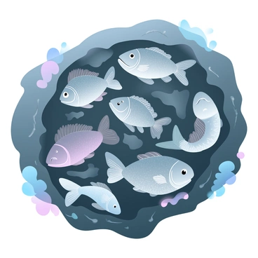 A collection of intricate fish fossils is embedded in a rugged rock formation. The fossils display various species, each with distinct features such as fins and scales, preserving the details of their anatomy. The rock formation has a rough texture with visible strata, showcasing layers of mineral deposits. Surrounding the fossils, patches of lichen cling to the surface of the rock, adding subtle colors to the composition. The environment is well-lit, highlighting the intricate details of the fossils against the dark, textured backdrop of the rock.