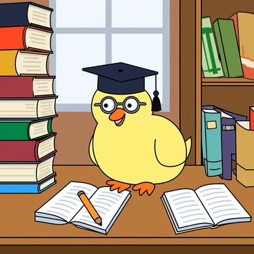 A scholarly chick sitting in a library, surrounded by stacks of books