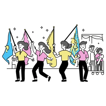 A color guard team is positioned in a line, each member holding a vibrant flag and a rifle. The flags display a variety of colors, with intricate patterns flowing in the wind as they perform. The team members wear matching uniforms, which consist of dark pants and brightly colored tops, adding to the visual impact of the performance. Their expressions are focused and determined as they execute precise movements. The background features a parade setting, complete with spectators watching and enjoying the display.