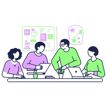 A diverse team of people is collaborating around a large rectangular table in a well-lit office environment. There are individuals of various ethnicities, including a Black woman with curly hair, a South Asian man wearing glasses, a Hispanic woman with straight hair, and a Caucasian man with short hair. Each person is focused on their laptops and engaged in discussion. On the table, there are open notebooks, pens, and a plant in a pot. A whiteboard in the background displays colorful diagrams and notes. The atmosphere conveys a sense of teamwork and cooperation.