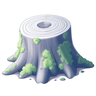 A tree stump covered in moss, showing rings and unique wood textures