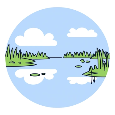 A serene marshland with calm waters reflecting fluffy white clouds in a clear blue sky. The water surface is smooth and glassy, creating a perfect mirror effect of the clouds above. Surrounding the marsh are patches of green reeds and grasses gently swaying in the breeze. Small lily pads float on the water, adding a touch of color. The overall scene showcases a tranquil natural landscape.