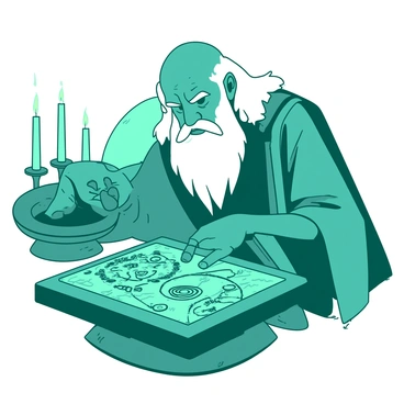 A teal sage with long flowing robes is intently examining a weathered stone tablet. The tablet is covered in intricate carvings and symbols that suggest an ancient prophecy. The sage has a long white beard and wise eyes that reflect deep concentration. In the background, there are scattered candles casting a soft glow, creating a mysterious atmosphere. The tablet is resting on a wooden pedestal, and the sage is gently tracing the symbols with their fingers, as if seeking to unlock the secrets held within the stone.
