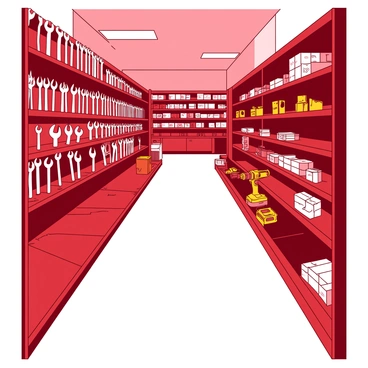 A red hardware store aisle is filled with various tools and equipment neatly organized on the shelves. On the left side, there are rows of shiny silver wrenches and pliers, while on the right, colorful power tools are displayed, including electric drills and saws in shades of yellow and orange. The floor is tiled in a light color, enhancing visibility. Above, bright overhead lights illuminate the aisle, reflecting off the metallic surfaces of the tools. There are boxes of nails and screws stacked at the end of the aisle, adding to the overall variety of merchandise.