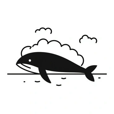 A large cloud in the shape of a whale is floating above a calm sea. The surface of the water is smooth, with gentle waves reflecting the cloud above. The whale-shaped cloud has distinct fins and a curved tail, resembling its aquatic counterpart. The sky above is clear, with a few sparse clouds, emphasizing the prominence of the whale cloud. The scene conveys a sense of tranquility and harmony between the sea and the sky.