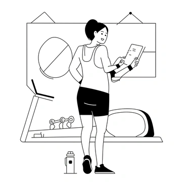 An illustrated page featuring a fitness enthusiast in a gym setting. The individual is wearing a fitted tank top and gym shorts, with sweatbands on their wrists. They are holding a smartphone in one hand while writing notes on a clipboard with the other. In the background, there are dumbbells, a treadmill, and a large mirror reflecting the scene. The workout area has a few motivational posters on the walls, and a water bottle sits on the floor beside the enthusiast.