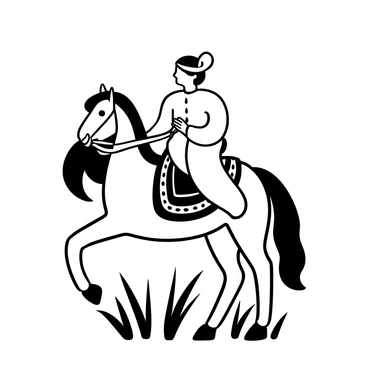 A rider in traditional attire sits atop a majestic horse, with the horse's mane flowing gracefully in the wind. The rider wears a long, flowing garment that drapes elegantly over the horse's saddle. The horse is adorned with a detailed saddle blanket, showcasing intricate patterns. Surrounding the horse are lush grasses that sway gently, creating a dynamic sense of movement in the scene. The rider holds the reins firmly as the horse stands tall, exuding a sense of strength and grace.