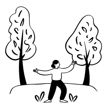A person standing peacefully in a natural setting, practicing "qi gong" with their arms gracefully extended. The individual is dressed in loose-fitting attire, embodying a sense of tranquility and focus. Surrounding them are tall trees, their leaves gently swaying as a breeze moves through, creating a visual rhythm. The ground is covered in soft grass, enhancing the serene atmosphere of the scene.