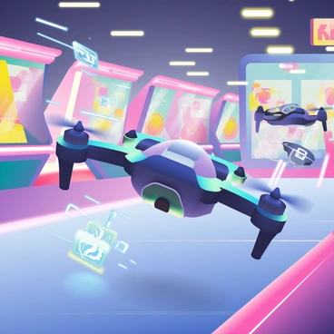 A futuristic drone is soaring through a neon-lit arcade filled with vibrant colors. The drone has a sleek design with glowing blue and purple accents, and its propellers are spinning rapidly. Surrounding the drone are holographic obstacles that flicker in and out of existence, featuring geometric shapes and swirling patterns. The arcade walls are adorned with bright neon signs and screens displaying animated games. In the background, there are other drones racing alongside, creating a dynamic competition atmosphere. The floor of the arcade is illuminated with a soft, pulsing glow, enhancing the energetic vibe of the scene.