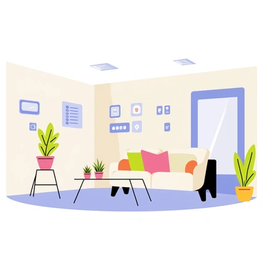 The interior of a smart home with sleek, modern furniture in soft colors. There are voice-activated devices integrated into the walls, appearing as small, rectangular panels. A large transparent digital screen is mounted on one wall, displaying various smart home controls and notifications. There are potted plants placed on a coffee table, adding a touch of greenery to the space. Soft lighting fixtures are embedded in the ceiling, casting a warm glow throughout the room. A comfortable sofa with colorful cushions is arranged around a minimalist coffee table.