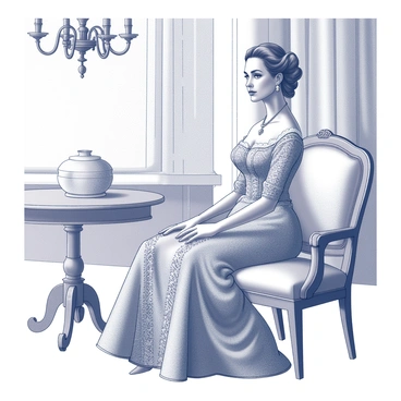A noblewoman is seated gracefully in an ornate chair, adorned in an intricately detailed gown with lace and embroidery. Her hair is styled elegantly, with some curls falling delicately over her shoulders. The background features opulent drapery and a grand chandelier hanging above, casting soft shadows around the room. Vintage furniture, including a richly decorated table with intricate carvings, complements the luxurious ambiance of the historical setting. The woman's expression is dignified, reflecting her noble status.