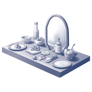 A Haft-Sin table set for the Persian New Year celebration. The table is adorned with seven symbolic items representing the Haft-Sin tradition. "Sabzeh," which consists of sprouted wheat, barley, or lentils, is arranged in a decorative dish. "Samanu," a sweet pudding made from wheat germ, is placed in an elegant bowl. "Senjed," dried fruit from the oleaster tree, is artfully arranged in a small plate. "Seer," garlic, is positioned in a decorative container. "Seeb," apples, are placed in an appealing basket. "Somāq," sumac, is displayed in a lovely jar. "Serkeh," vinegar, is featured in a beautiful bottle. The table is complemented by a mirror reflecting the items, adding depth to the arrangement. The overall composition is balanced and harmonious, highlighting the cultural significance of each element.