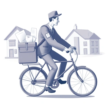 An odd-looking postman riding an old bicycle. The bicycle has a vintage design with a curved frame and thin tires. The postman wears a quirky uniform, consisting of a cap and a jacket with various patches. He is balancing a large satchel filled with letters and packages slung over one shoulder. The satchel appears slightly worn, with some seams fraying, and it is bulging with mail. The scene captures the postman in motion, with one foot pedaling and the other hovering above the ground, giving a sense of movement and energy. The background is a quiet street with a few houses, enhancing the everyday feel of the scene.