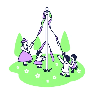 A tiny maypole is placed at the center of a tabletop diorama. The maypole is adorned with colorful ribbons that hang down gracefully from the top. Surrounding the maypole are small figures of children in traditional attire, holding onto the ribbons and dancing joyfully. The ground beneath the maypole is covered with green grass, and there are miniature flowers scattered around. In the background, a few small trees are arranged to add depth to the scene. The entire setup captures the essence of a festive celebration.