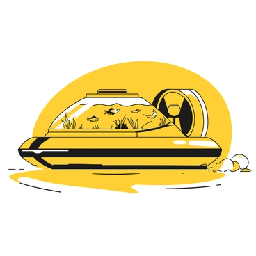 A hovercraft gliding smoothly over a body of water. On top of the hovercraft, there is a transparent aquarium filled with colorful fish swimming inside. The aquarium is securely fastened to the deck of the hovercraft, with water visible inside. The hovercraft's design is sleek, with a large fan at the back generating lift. The reflective surface of the water below mirrors the hovercraft and the aquarium, creating a sense of movement and tranquility.