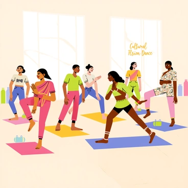 A dance studio with wooden floors and large mirrors on the walls is filled with diverse dancers practicing. In the foreground, a group of dancers of various ethnic backgrounds is engaged in pelvic floor exercises. Each dancer incorporates unique cultural dance movements, such as African, Indian, and ballet. One dancer, wearing a vibrant red sari, gracefully demonstrates a traditional movement, while another, in a patterned outfit, incorporates African-inspired steps. The atmosphere is lively, with colorful yoga mats and water bottles scattered around the studio. “Cultural Fusion Dance” is written on a large wall poster, adding to the energetic ambience.