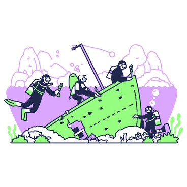 A group of divers is exploring a mysterious shipwreck resting on the ocean floor. The divers are wearing wetsuits and diving masks, with one diver holding a underwater flashlight illuminating details of the wreck. Surrounding the shipwreck, various fish are swimming, and seaweed sways gently in the water. The shipwreck itself shows signs of age, with barnacles and coral growing on its surface. Bubbles rise from the divers as they maneuver around the structure, revealing pieces of broken wood and metal. In the background, the faint outline of a rocky underwater landscape can be seen.