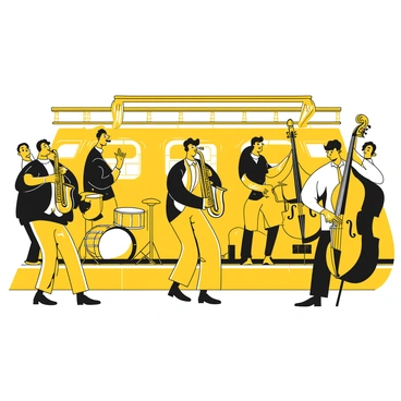 A jazz band playing lively music on an underground subway platform. The band consists of a saxophonist in a black suit, a double bassist, and a drummer. The saxophonist is passionately blowing into his instrument, while the bassist stands beside him plucking the strings. The drummer is seated, keeping a steady beat, surrounded by various drums. Passengers are watching and enjoying the performance, some clapping along. The subway station features tiled walls, with the platform edge visible and train tracks in the background. A few people are leaning against the railing, captivated by the music.