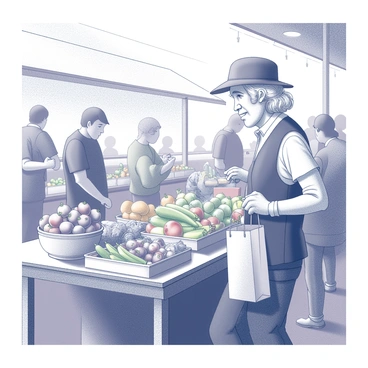 A senior citizen with gray hair is standing at a stall in a bustling farmers market. They are examining a variety of fresh produce displayed on the wooden table. Colorful vegetables such as tomatoes, cucumbers, and peppers are arranged neatly, while baskets of fruits including apples and oranges are stacked nearby. The market is filled with other shoppers, creating a lively atmosphere. Sunlight filters down onto the scene, highlighting the textures of the fruits and vegetables. The senior citizen is wearing a comfortable hat and holding a reusable shopping bag.