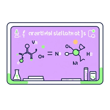 A chalkboard is positioned against a wall, covered with a hand-written chemical equation in white chalk. Below the equation, there are detailed illustrations of two reactants, each represented with distinct shapes and labels. On the left, a detailed drawing of a molecule is shown with various bonds and colored sections representing different atoms. On the right, another molecule is illustrated with a unique structure, also labeled clearly. In the corners of the chalkboard, there are small sketches of laboratory glassware, such as a beaker and a test tube, to enhance the scientific context.