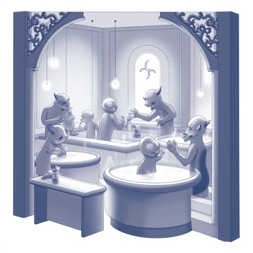A vibrant scene from a bustling spirit bathhouse filled with unique creatures and soft glowing lights.