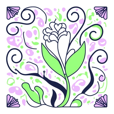 A lithographic illustration features swirling organic patterns and flowing lines that suggest movement. In the center, there is a large, ornate flower with intricate petals that curl elegantly outward. Surrounding the flower, delicate vines twist and turn, adding complexity to the composition. The background is filled with soft curves and repeating motifs that create a sense of harmony. In the corners, small detailed patterns mirror the main elements, enhancing the overall design. The entire piece is framed within a rectangular border of complementary shapes.