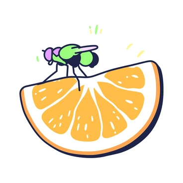 A single Drosophila is perched on the edge of a detailed orange slice. The orange slice is depicted with a glossy surface, showcasing its texture and distinctive segments. The Drosophila is characterized by its delicate wings and prominent eyes, positioned with its legs gripping the orange's surface. Sunlight casts subtle shadows around the fruit, emphasizing the insect's small size in comparison to the slice. The scene captures the intricate details of both the fly and the vibrant fruit.