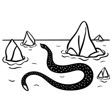 A sea serpent with elongated, sinuous body gliding gracefully through a field of jagged floating icebergs. The serpent's scales are intricately detailed, showcasing the texture of its skin against the stark contrast of the ice. The icebergs vary in size and shape, some towering and others small, creating a dynamic landscape. The scene is set in an expansive ocean, with gentle waves lapping at the edges of the ice. The background features a distant horizon, emphasizing the vastness of the sea.