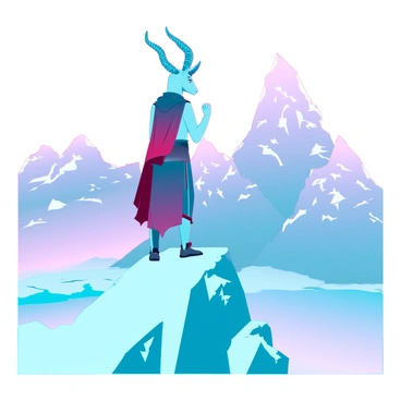 A Baphomet figure with a goat's head and human body, standing triumphantly atop a snowy mountain peak. The figure has intricate details in its horns and a cloak that flows elegantly down its body. It gazes over a vast landscape, where distant mountains are partially covered in fog. The ground is blanketed in fresh, white snow, reflecting glints of sunlight. The sky is a gradient of warm colors, suggesting sunrise or sunset, creating a striking contrast with the cold, icy terrain.