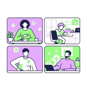A diverse group of remote workers displayed in a video call grid, each in their unique setting.
