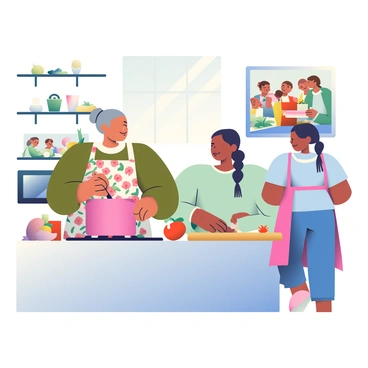 Three generations of women are in a bustling kitchen preparing a traditional family recipe. The grandmother, with gray hair tied in a bun, is standing near the stove stirring a large pot with a wooden spoon. She is wearing a floral apron over a long-sleeve, olive-green shirt. Beside her, the mother, with dark hair pulled back in a ponytail, is chopping vegetables on a wooden cutting board, dressed in a light blue shirt and jeans. The daughter, a young girl with braided hair, is eagerly rolling out dough on the counter, wearing a pink apron that is slightly too big for her. The kitchen is filled with fresh ingredients, including onions, tomatoes, and herbs, while sunlight streams through the window, illuminating the lively scene. A family photo is displayed on the wall, showcasing previous generations gathered around the kitchen table.